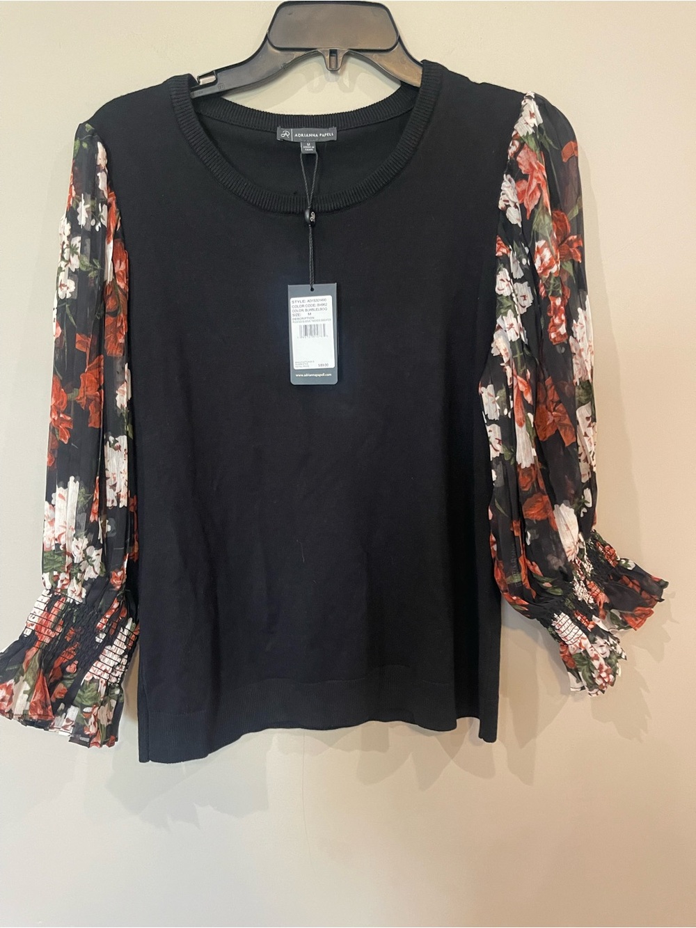 Adrianna Papell Black Knit Top with Floral Puff Sleeves